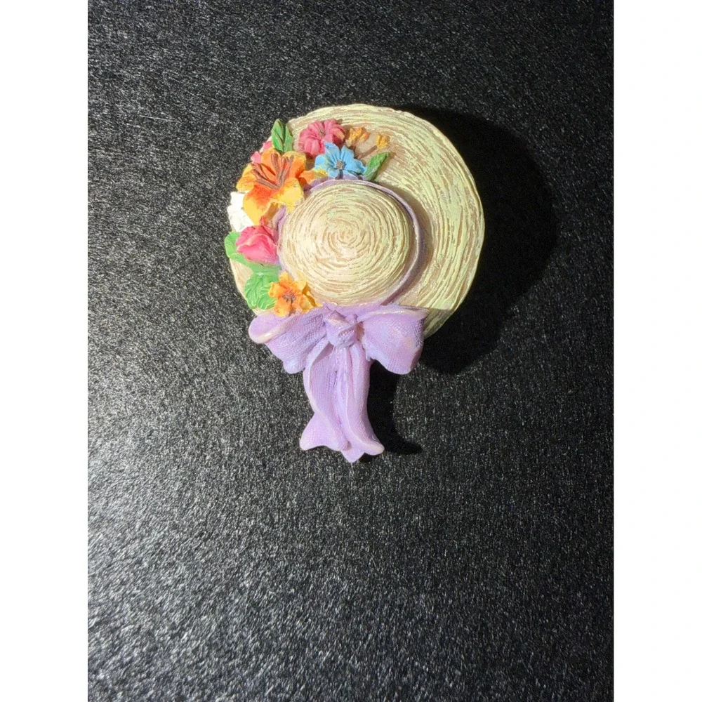 Floral Sun Hat Lapel Pin Brooch Small Beige Purple Bow Cottagecore Accessory